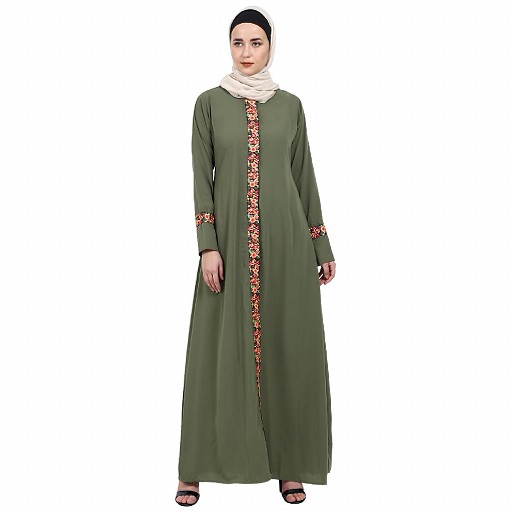 Elegant front open abaya with embroidery work- Jade Green